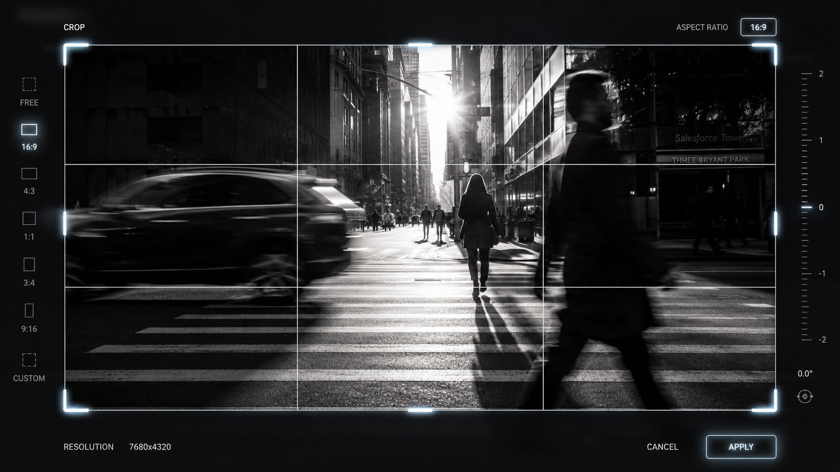 A sharp, high-contrast street photography image being perfectly cropped within a browser tool
