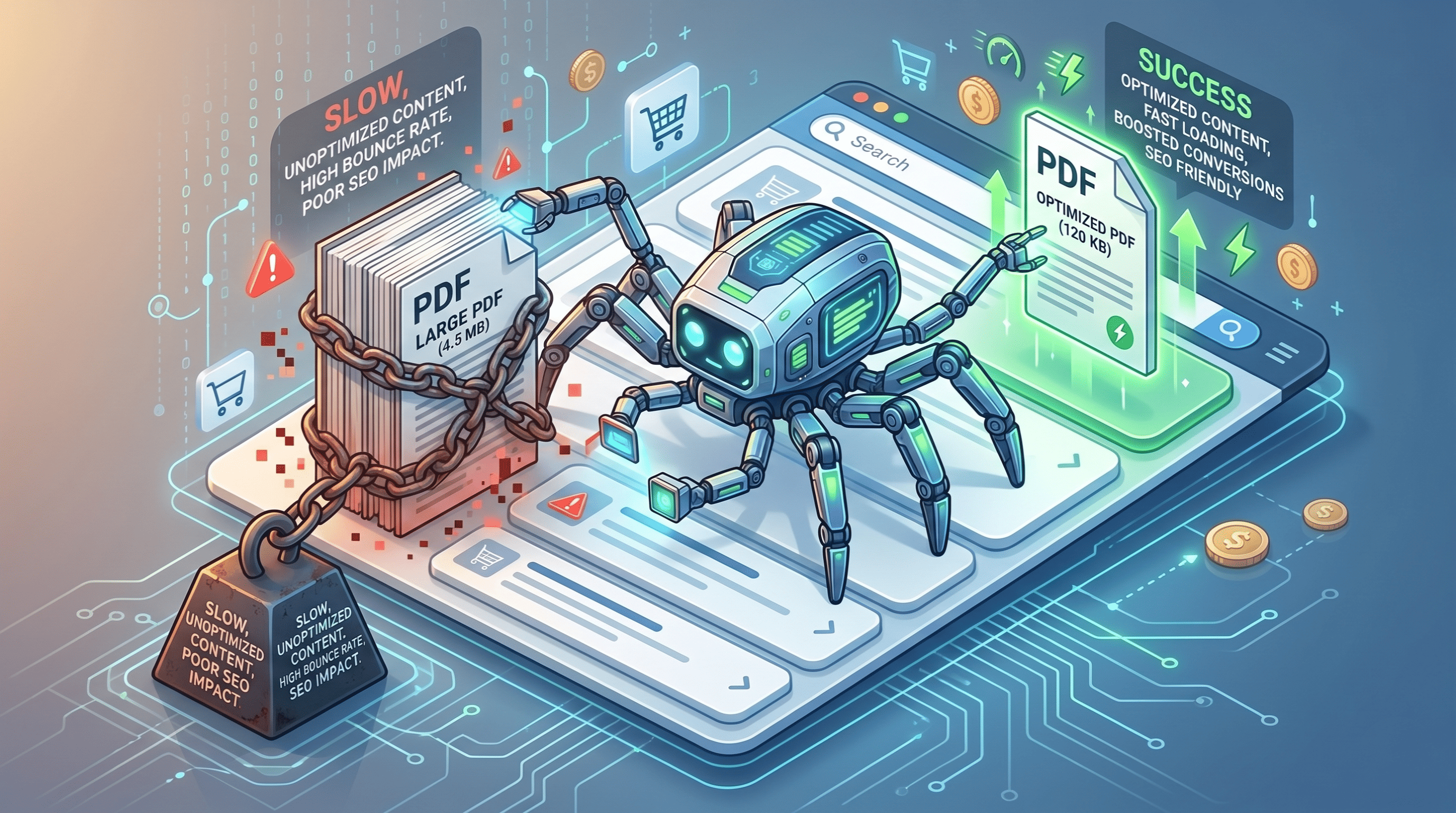 Graphic showing a search engine bot struggling with a heavy PDF vs a fast lightweight PDF