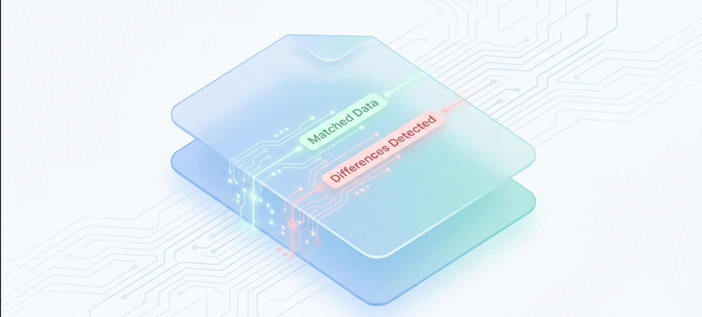 Two text documents side by side with glowing highlights showing exact word differences