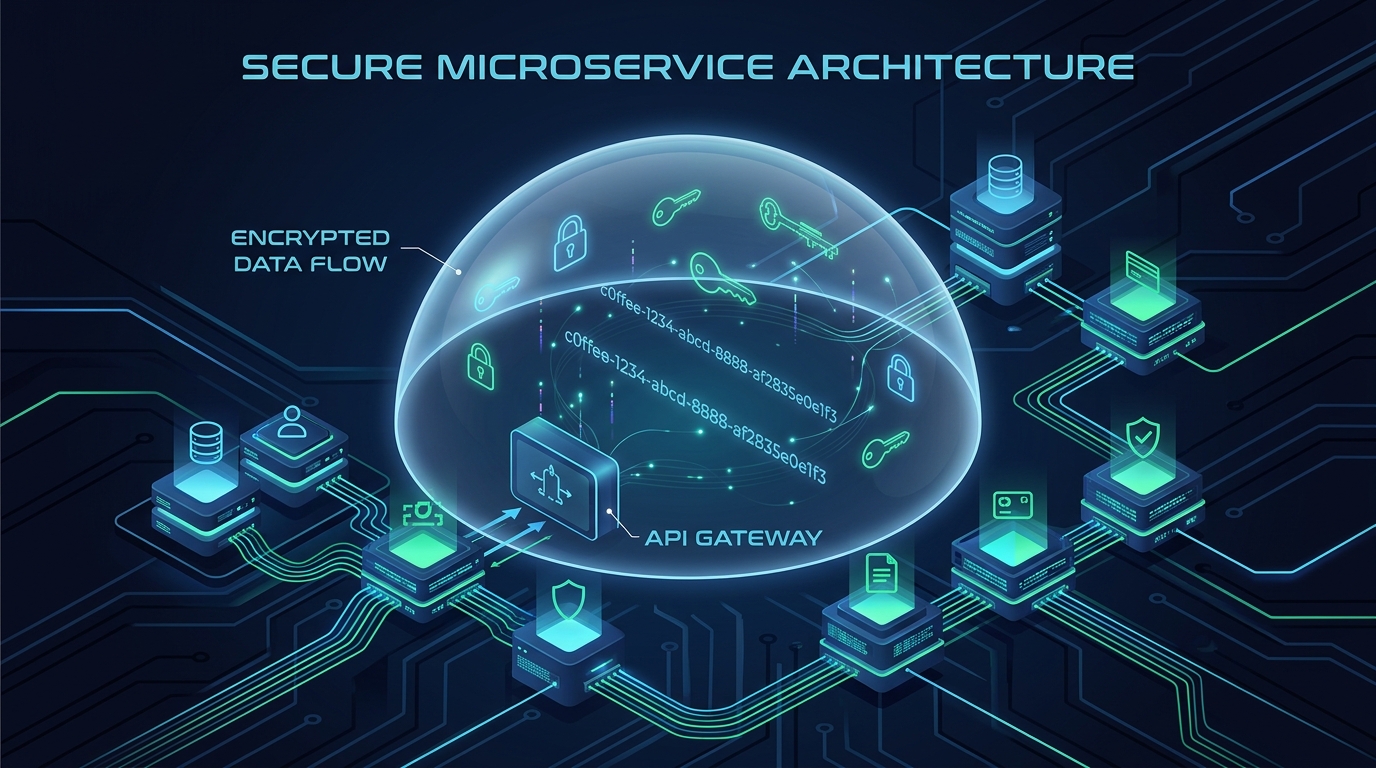 Cryptographic keys and UUIDs floating above a secure microservice architecture diagram